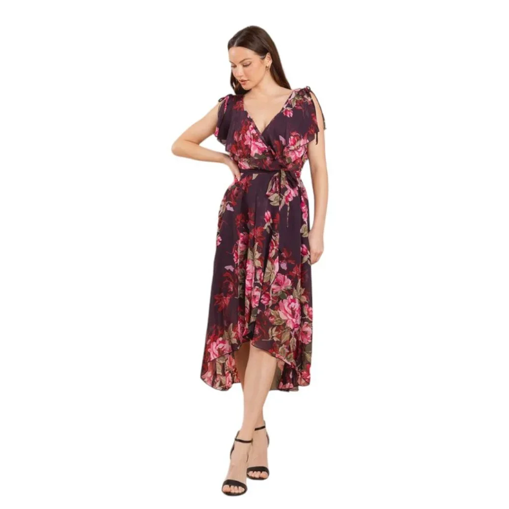 Plum and Red Roses Wrapped Ruffles Hi-Lo Midi Dress - Size 8 - Picture 2 of 8